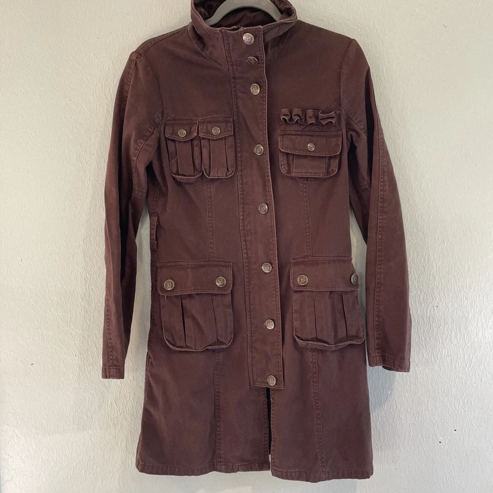 BB Dakota Utility Cargo Trench Jacket Coat Full Zip Brown M Y2K aso Bella‎ swan - Picture 2 of 11